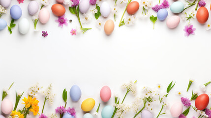 Easter banner template. Spring flowers and painted eggs on a white background with space for text. Easter eggs and spring flowers on white background. Top view with copy space. Frame from eggs. - obrazy, fototapety, plakaty