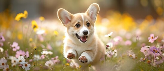 Cute Corgi pup frolicking through a flower field.