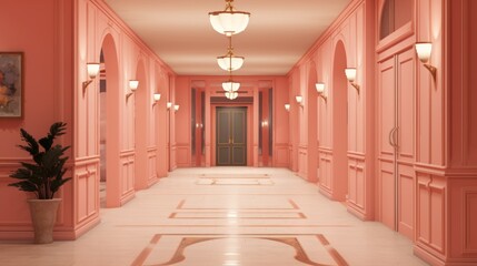 Peach colored hotel hallway with multiple doors and polished floor. Perfect for hotel design, luxury apartment complexes, hospitality marketing, and architectural visualization.