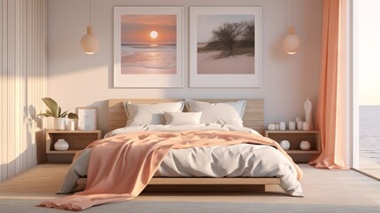 Calming bedroom setup with a sea backdrop, peach accents, and natural light. In a fashionable trendy color Peach. Ideal for hospitality marketing, home staging, and wellness retreats.
