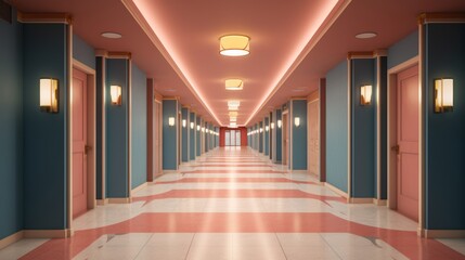 Opulent hotel hallway with multiple doors and polished floor in a trendy Peach color. Ideal for hotel design, luxury apartment complexes, hospitality marketing, and architectural visualization.