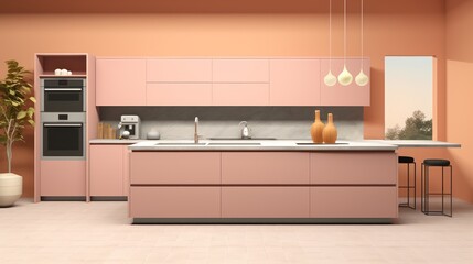 Minimalist modern kitchen design in fashionable trendy color Peach. Ideal for home decor, real estate listings, interior design inspiration.