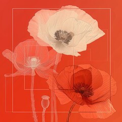 Illustration of poppies in red and pink