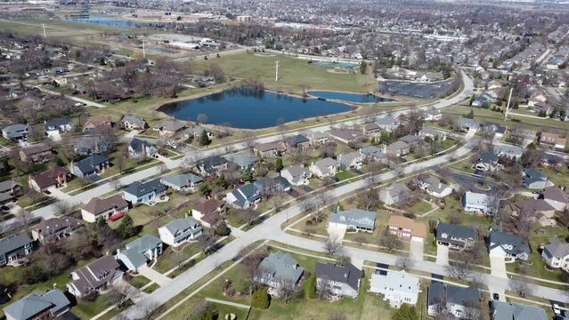 Aerial view of Naperville, IL pond