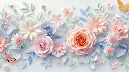 Fototapeta na wymiar Handcrafted Floral Artistry: A Delicate Fusion of Abstract Paper Flowers and Botanical Elements in a Vibrant Pastel Palette
