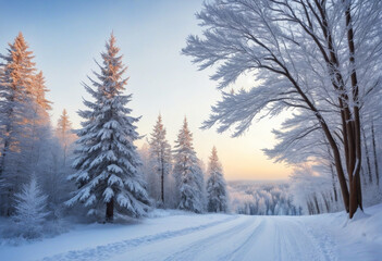 Winter wonderland with dazzling Christmas tree in snowy landscape