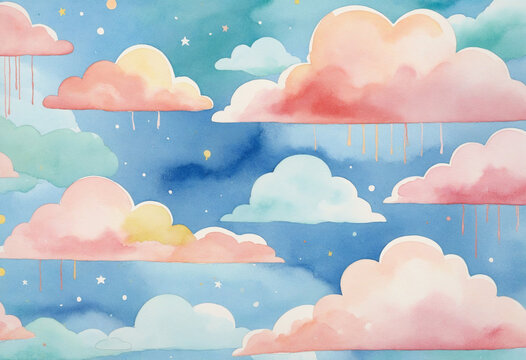Fototapeta Pastel watercolor clouds for nursery baby design