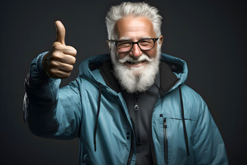 Obraz premium elderly fashionable bearded man showing thumb ok sign