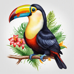Colorful tropical bird on white - Watercolor painting of isolated toucan