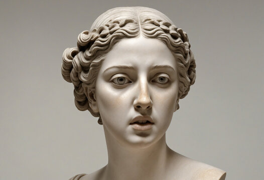 Antique sculpture ancient Greek goddess boring, dreary, sad gape covering her mouth with her hand