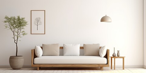 Neutral-toned sofa with artwork and a wooden lamp in a minimalist white room.