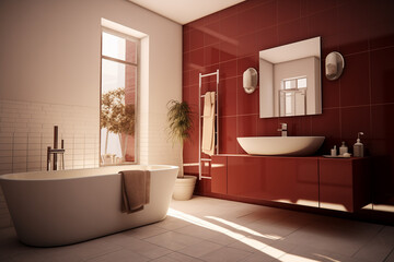 Full of sun light white minimalistic bathroom, brown and burgundy interior elements