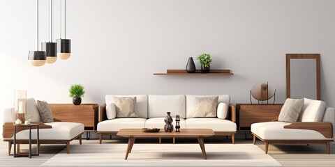 Modern furniture set with sofa and tables in a -rendered living room.