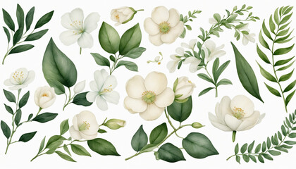Watercolor collection of white flowers and green leaves on a white background - obrazy, fototapety, plakaty