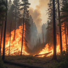 Fire burning in a forest. Wildfire, climate change concept