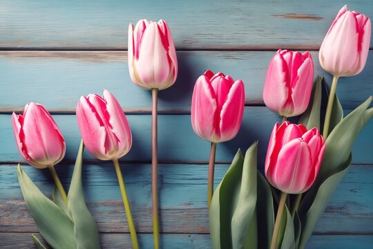 8 march women s bouquet. Mothers day. May flowers wood background. Spring top view Tulips bunch flatlay Green leaf. Floral gift photo Flat lay on table Copy space rustic board Art love mom card frame.