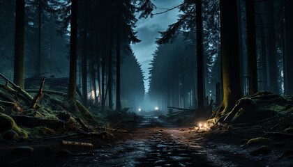 Spooky forest, dark mystery, foggy night, autumn leaves generated by AI - obrazy, fototapety, plakaty