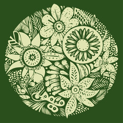  illustration of flowers and foliage in a circular design, one color.