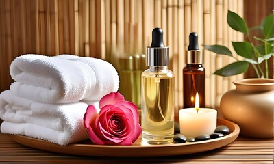 Obraz na płótnie Canvas Spa setting with candle, towels , candle, roses, and a bottles of essential oil, beauty wellness centre. Spa product are placed in luxury spa resort room. Health and wellness concept.