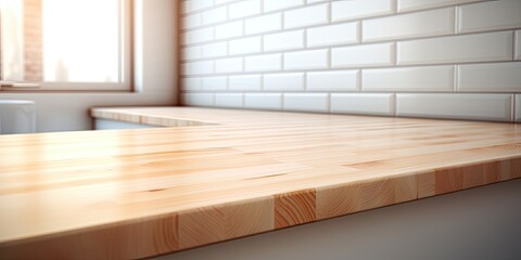 Wood counters, table tops, and countertops in a modern perspective view with a blurred bathroom or shower room. The surface has a wooden texture pattern for the background.