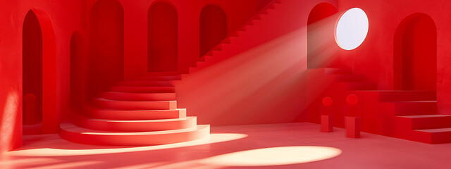 red interior room with stairs 3d render photo in the  - obrazy, fototapety, plakaty