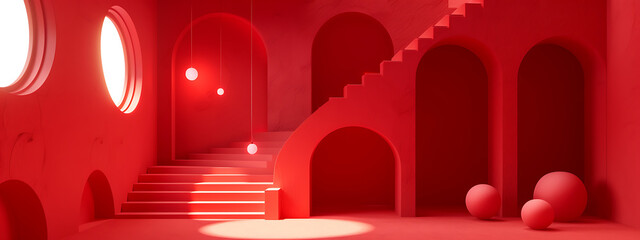 red interior room with stairs 3d render photo in the  - obrazy, fototapety, plakaty