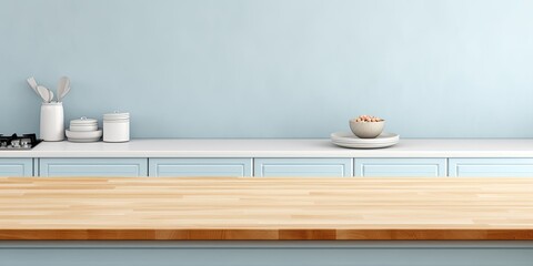 Light blue Scandinavian interior backdrop with a mock-up of a wooden kitchen table top.