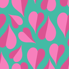 Attractive pink hearts on blue green background vector seamless pattern. Attractive and vibrant art texture for printing on various surfaces or usage in graphic design projects.
