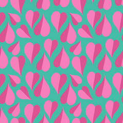 Fototapeta na wymiar Attractive pink hearts on blue green background seamless pattern. Attractive and vibrant art texture for printing on various surfaces or usage in graphic design projects.