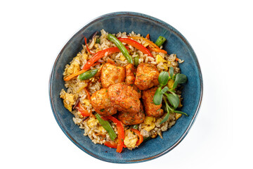 Hibachi rice with kimchi pork on a white background studio food photo 2
