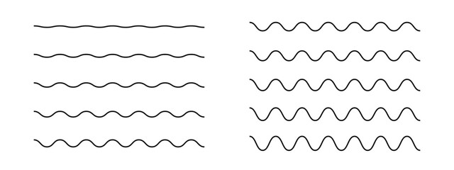 Set of horizontal wavy lines. Simple undulate borders. Sine, water, fluid, air or wind symbols isolated on white background. River, sea, lake or ocean signs. Vector outline illustration. - obrazy, fototapety, plakaty