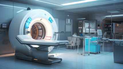MRI - Magnetic resonance imaging scan device in Hospital. Medical Equipment and Health Care. Neural network AI generated art - obrazy, fototapety, plakaty