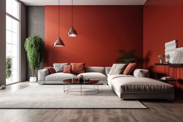Interior of contemporary living room with wooden flooring and a red concrete wall. Wall space for copies. Fur carpet, coffee table with vase and books, white leather couch