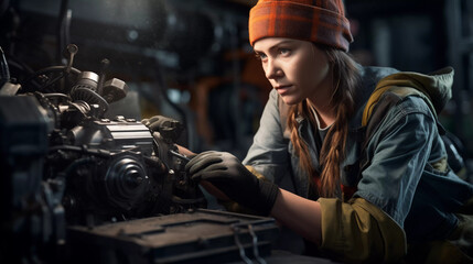Fototapeta na wymiar Mechanic in Action: Female Performing Routine Maintenance
