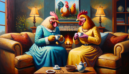 Digital oil painting of two anthropomorphic chicken sitting in the living room and drinking a cup of coffee