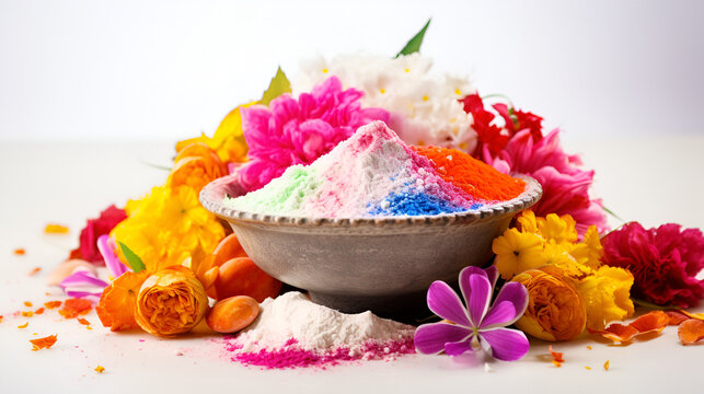 Happy Holi greeting card designed showing Indian traditional sweet and salty food, flowers and powder colours arranged over white background or clay.,non toxic holi colours, organic holi colors,