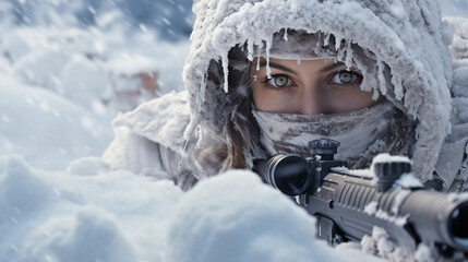 Sniper in Snow: Female Sniper Concealed in Wintry Environment - obrazy, fototapety, plakaty