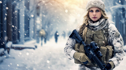 Snowy Combat Walk: Female Soldier Advancing in Snow