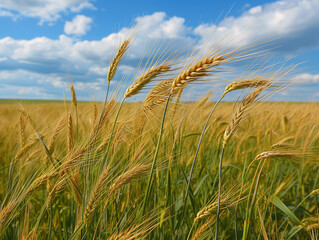 Obraz premium Vibrant wheat field with golden stalks swaying gently under a bright blue sky and scattered white clouds. 