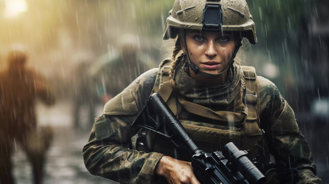Rainy Warfare: Female Soldier Advancing in Rain