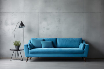 Blue sofa against concrete wall. Scandinavian loft home interior design, modern living room