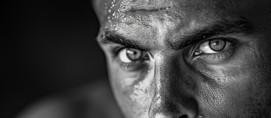 The male athlete gazes with intense, powerful eyes, showing conviction and confidence. - obrazy, fototapety, plakaty