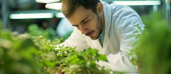 Male scientist focuses on examining crops, taking notes in a scientific lab.