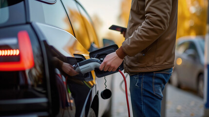 Fototapeta na wymiar Man holding smartphone while charging car at electric vehicle charging station, closeup