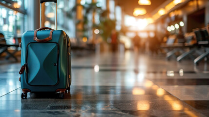 Blue travel suitcase on the floor in the airport terminal. Travel bag on blurred background of airport waiting room. Stylish travel suitcase close-up at train station.