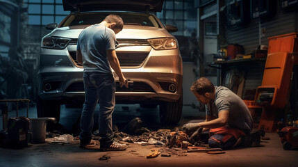 Fototapeta na wymiar Car Repair: Female Mechanic Working on Car in Garage