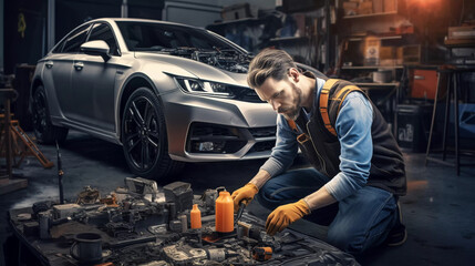 Automotive Maintenance: Female Mechanic Repairing Car
