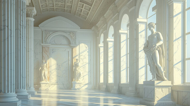Antique Statues of Apollo and Doryphoros Gracefully Illuminated in an Elegant Interior