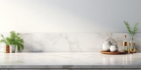 a white marble kitchen island counter top for showcasing household products.
