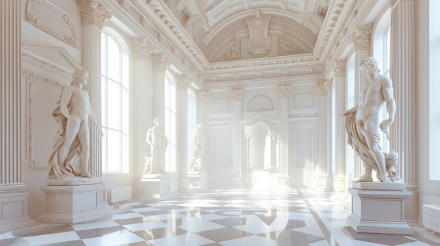 Antique Statues of Apollo and Doryphoros in a 3D Illustrated Interior Scene